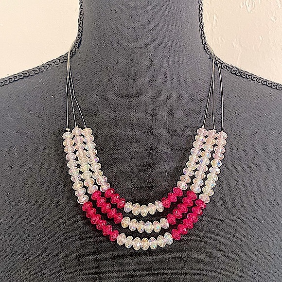 Silver “Invisible” Necklace With White And Hot Pink Beads - Picture 7 of 16